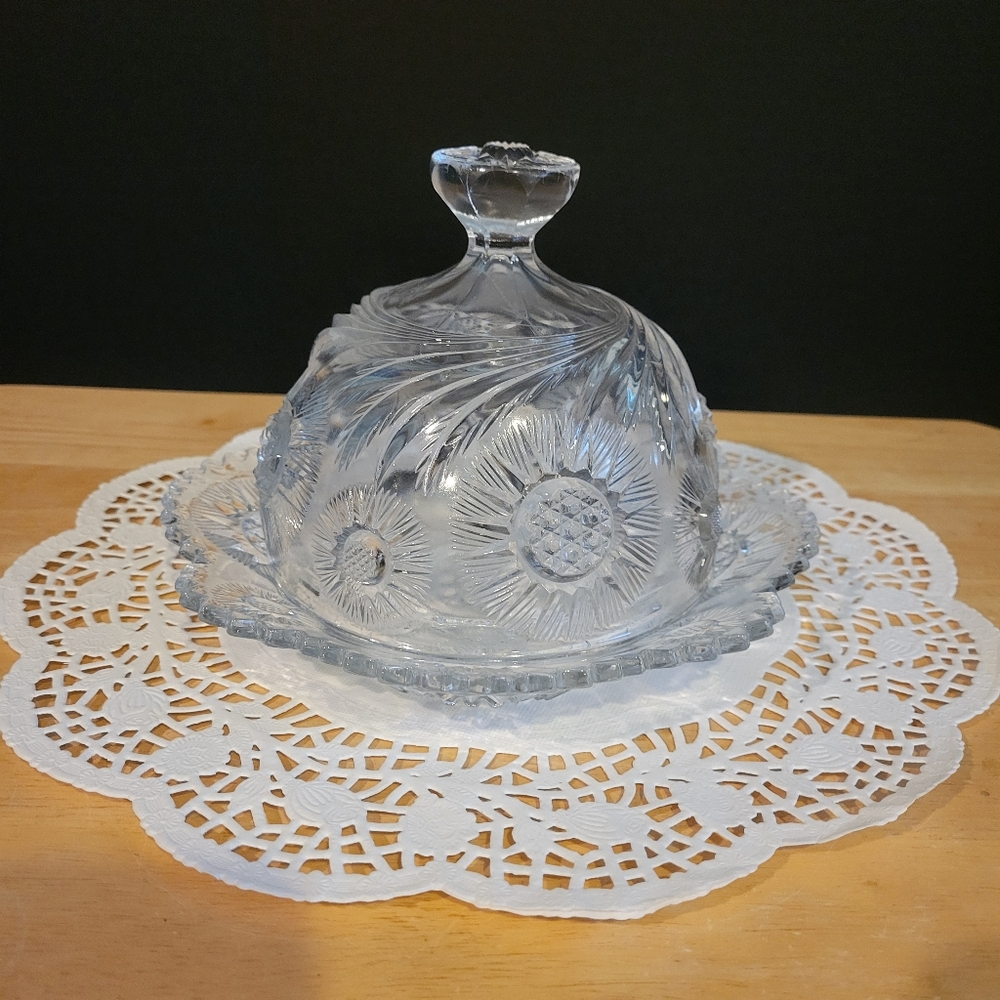 Vintage Crystal Glass Butter/Cheese Dish with Lid